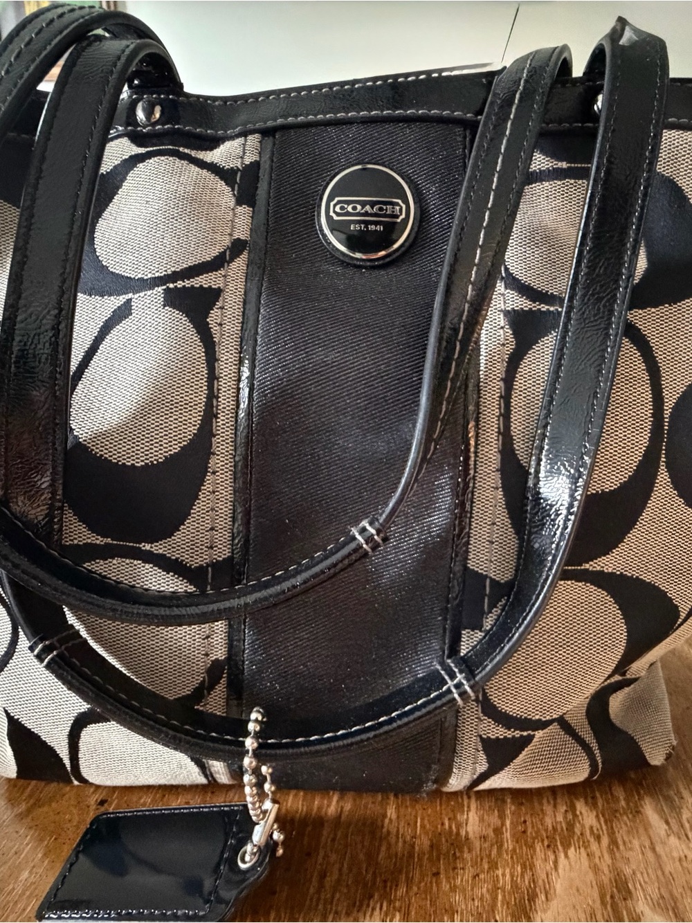 Coach Black and Cream Signature Logo Canvas Tote with Patent Trim